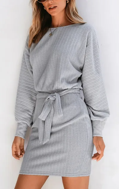 Belt Decorative Long Sleeve Sunken Stripe Woolen Knit Dress Gray Grey - Shop at LoveMi