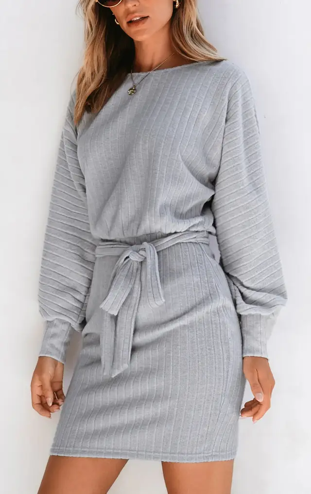 Belt Decorative Long Sleeve Sunken Stripe Woolen Knit Dress Gray Grey - Shop at LoveMi