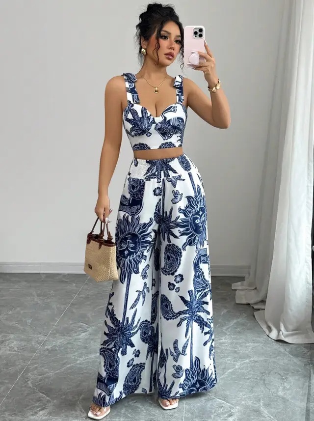 Sexy V neck Strap Vest Loose Wide Leg Pants Sapphire Blue - Shop at LoveMi