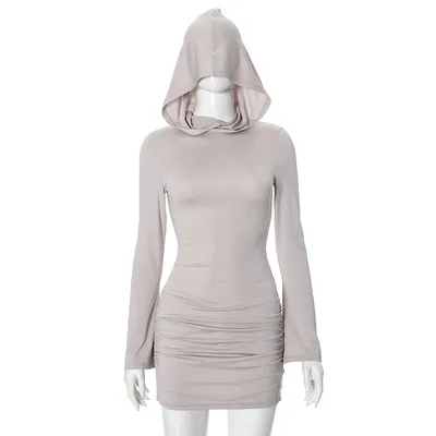 Solid Color Long Sleeve Hooded Pleated Sheath High Waist Short Dress Gray - Shop at LoveMi
