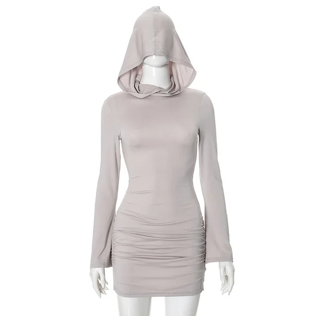 Solid Color Long Sleeve Hooded Pleated Sheath High Waist Short Dress Gray Grey - Shop at LoveMi