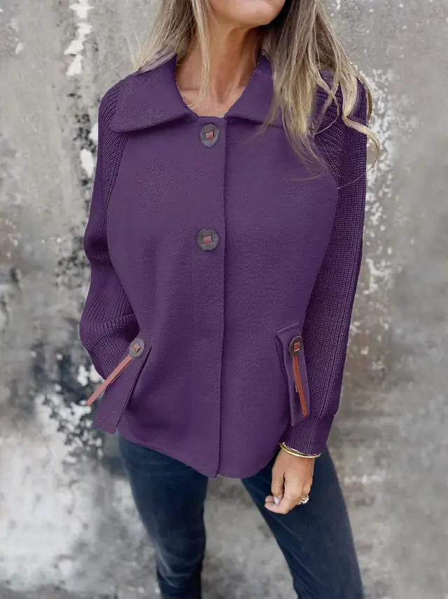 Casual Polo Collar Fashion Pocket Cuff Stitching Jacket Coat Purple - Shop at LoveMi