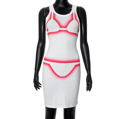 New Casual Round Neck Sleeveless Printed Vest High Waist Slim Fit Short Dress White - Shop at LoveMi