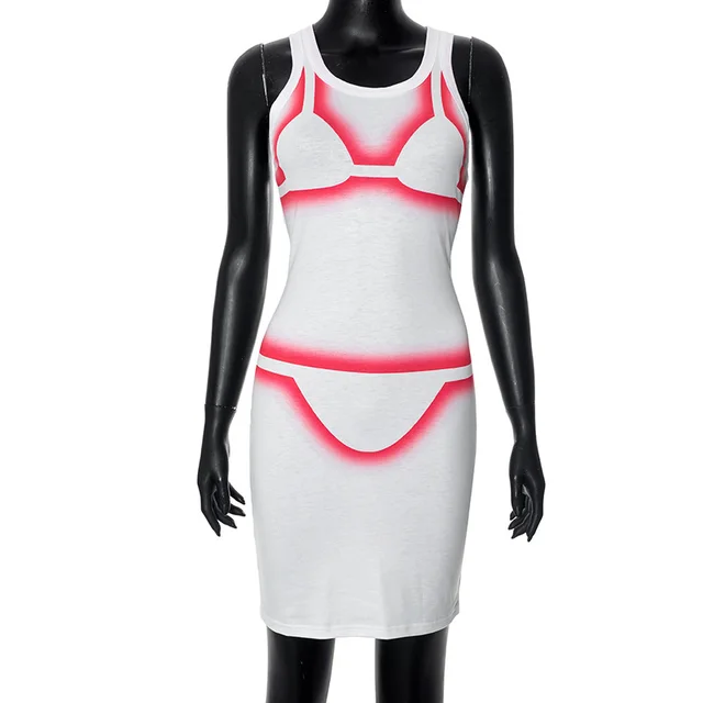 New Casual Round Neck Sleeveless Printed Vest High Waist Slim Fit Short Dress White - Shop at LoveMi