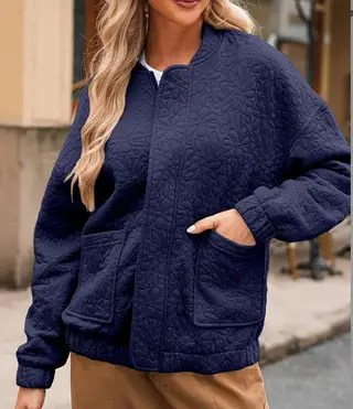 Fashion Cardigan Button Texture Long Sleeve Coat Jacket Women - Navy Blue