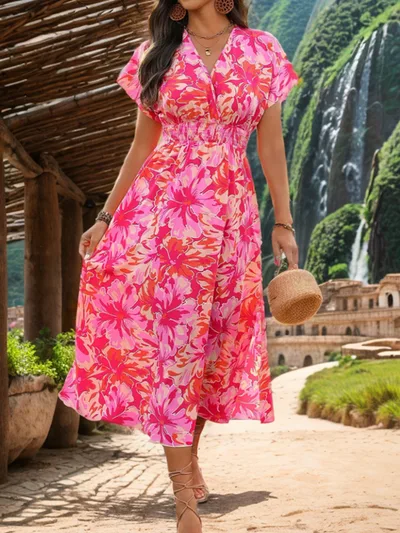 Casual Fashion Short Sleeve V neck Dress Red - Shop at LoveMi