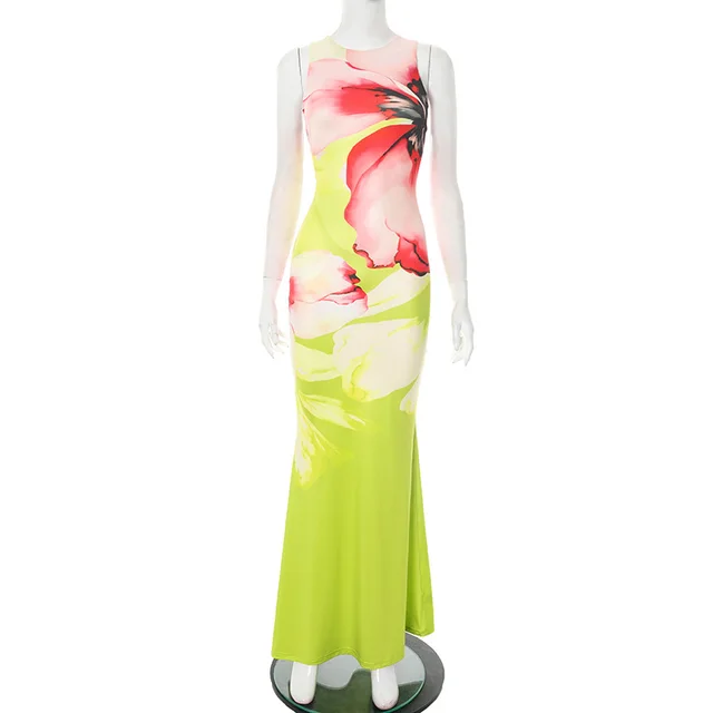 Women's Elegant Floral Print Round Neck Sleeveless Slim Fishtail Long Dress Green - Shop at LoveMi