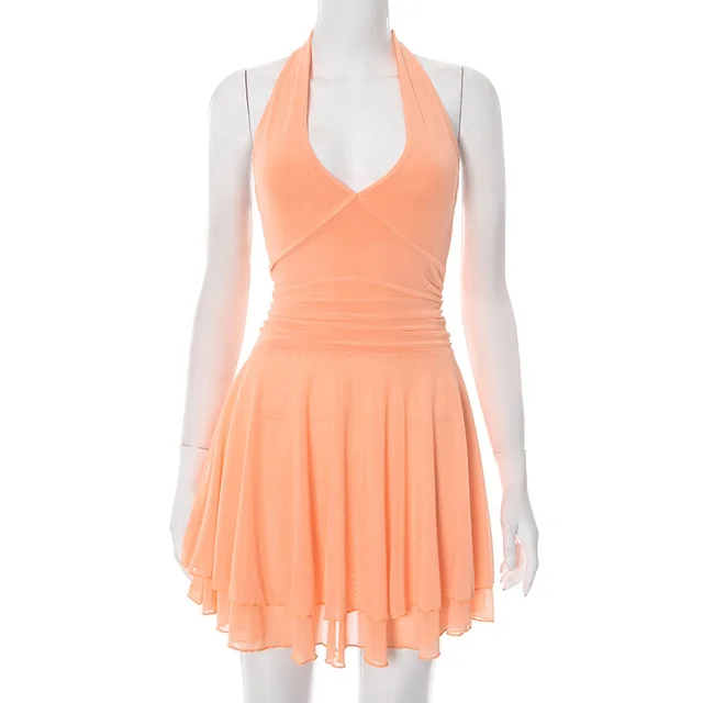 Women's Pure Color Halter Lace up Deep V neck Backless Mesh Pleated Skirt Dress Orange - Shop at LoveMi