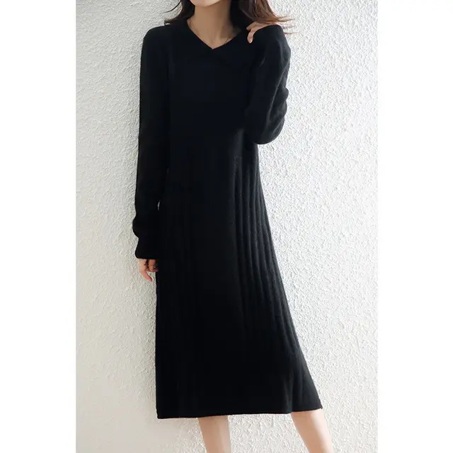 Wool Knitted Dress Fashion Strip Versatile Dress Black - Shop at LoveMi
