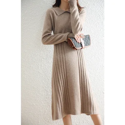 Wool Knitted Dress Fashion Strip Versatile Dress Camel Khaki - Shop at LoveMi