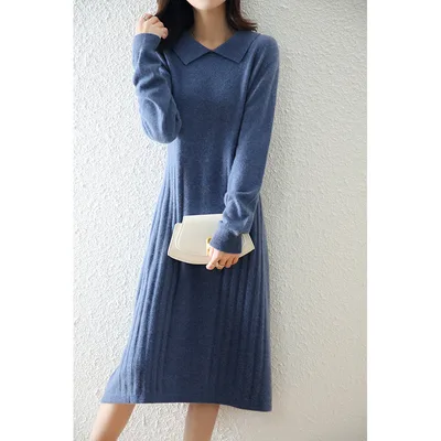 Wool Knitted Dress Fashion Strip Versatile Dress Flower Blue - Shop at LoveMi
