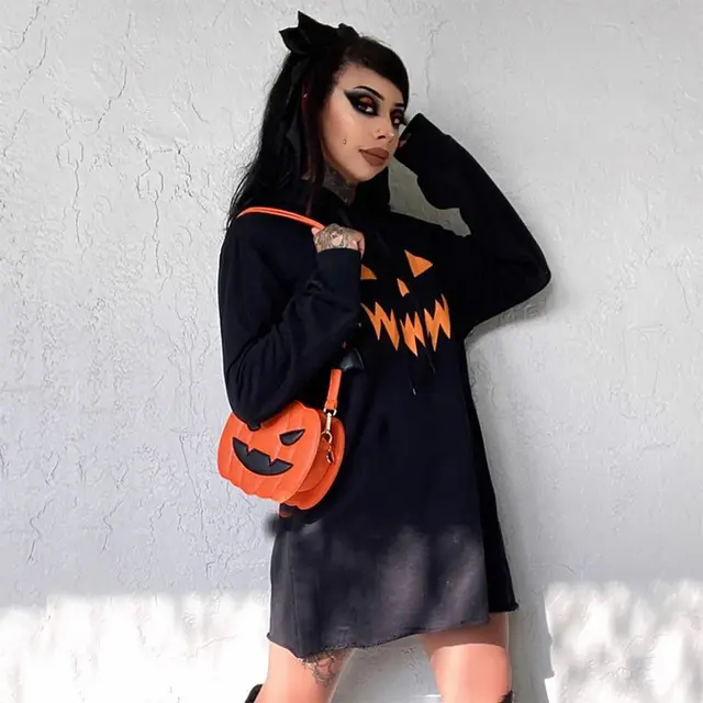 Halloween Costume Pumpkin Print Long Sleeve Hoodie Dress Black - Shop at LoveMi