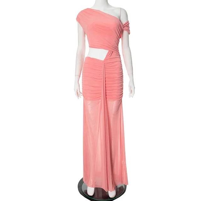 Women's Elegant Solid Color Diagonal Collar Sleeveless Ribbon Dress Pink - Shop at LoveMi