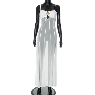 Summer New Women's Fashion Metal Flower Decorative Perspective Strap Dress White - Shop at LoveMi