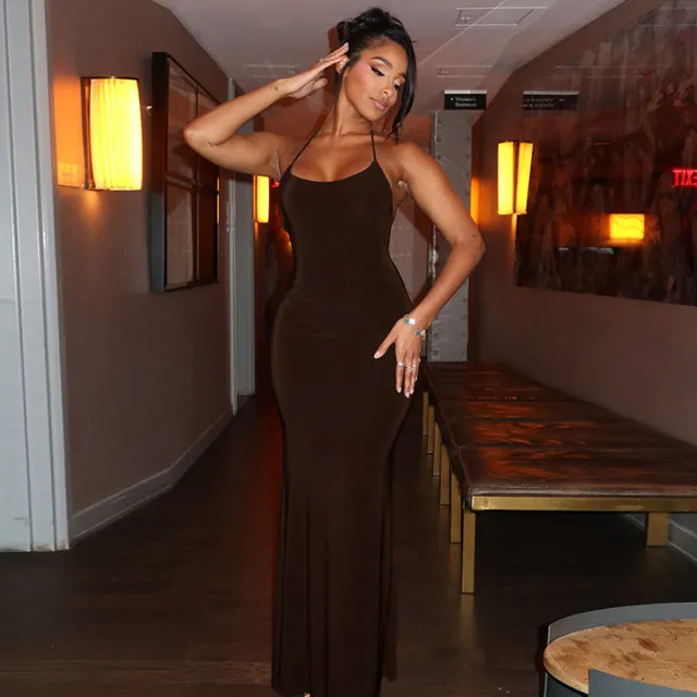 Women's Pure Color Halter Lace up Tube Top Backless A Line Dress Brown - Shop at LoveMi