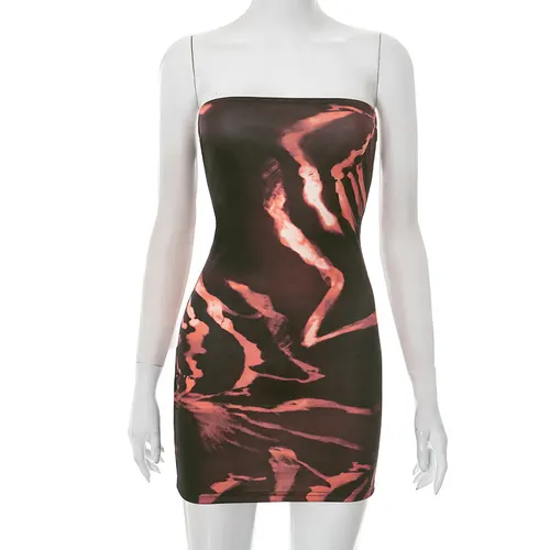 European And American Women's Clothing Abstract Printing Tube Top Wrap Hip Dress Black - Shop at LoveMi