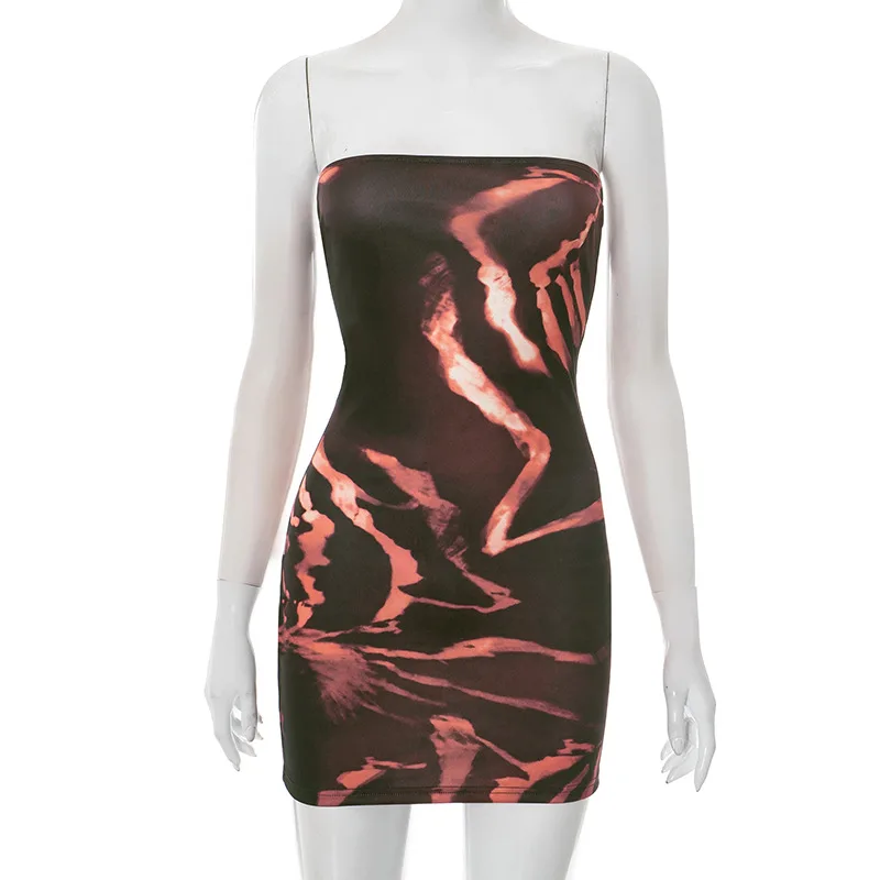 European And American Women's Clothing Abstract Printing Tube Top Wrap Hip Dress - Black