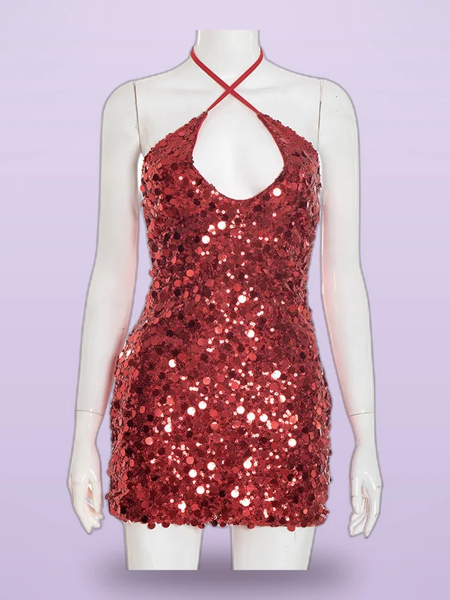 Elegant Slim fit Sequined Sleeveless Strap Halter Short Dress Red - Shop at LoveMi