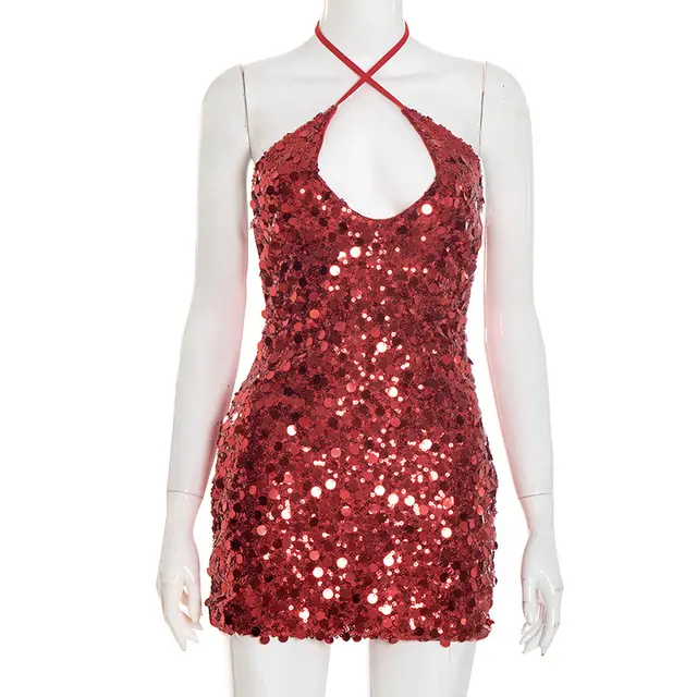 Elegant Slim fit Sequined Sleeveless Strap Halter Short Dress Red - Shop at LoveMi