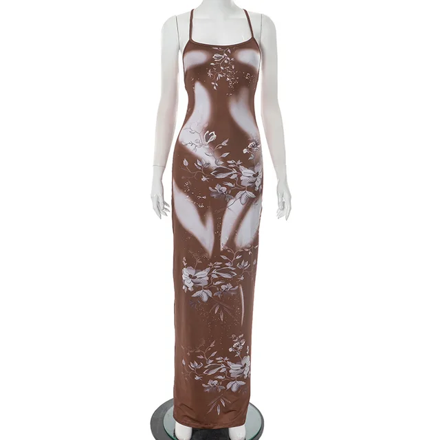 New Women's Sexy Floral Print Sling Backless Cross Tied Dress Brown - Shop at LoveMi