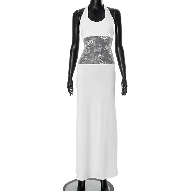 Summer Women's Clothing Temperament Pure Color Halter Backless Lace Stitching Dress White - Shop at LoveMi