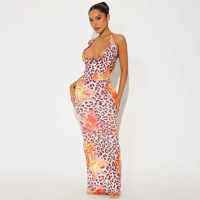 Women's Dignified Flowers Leopard Print Dress Orange - Shop at LoveMi