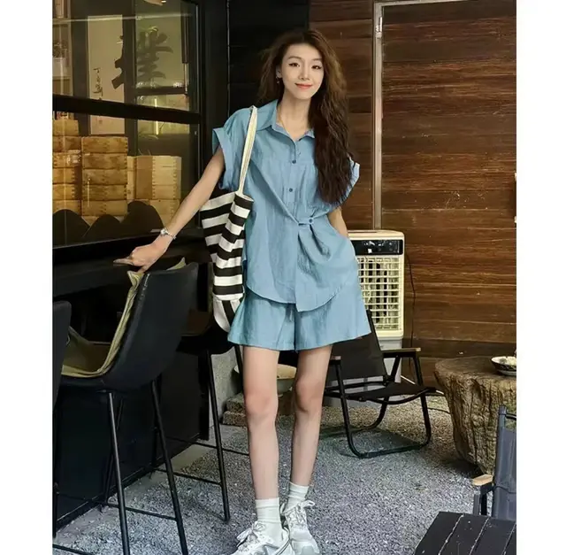 Shirt Top Wide Leg Shorts Casual Two piece Suit Blue - Shop at LoveMi