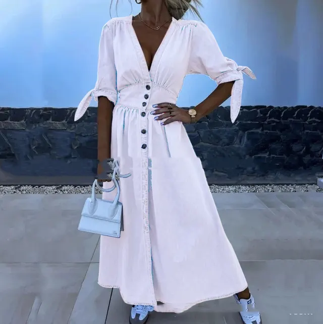 Waist tight Single breasted Cardigan Mid length Faux Denim Dress Ivory White - Shop at LoveMi