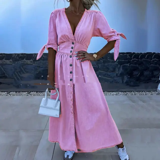 Waist tight Single breasted Cardigan Mid length Faux Denim Dress Magenta - Shop at LoveMi