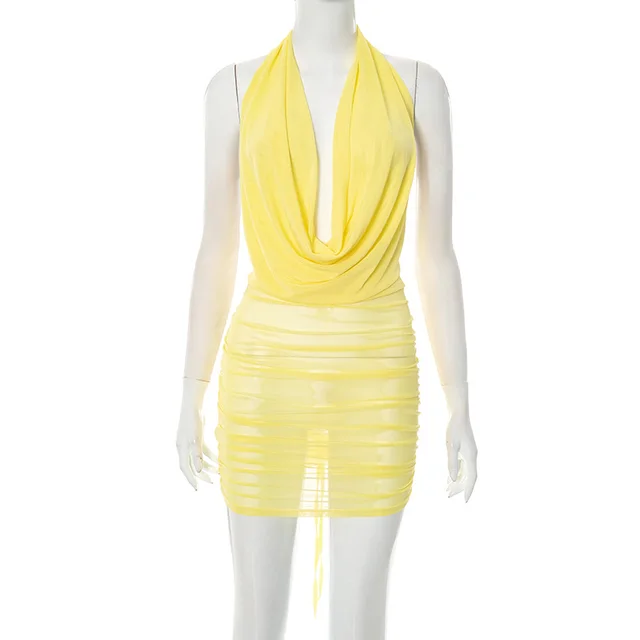 Fashion Women's Wear Temperament Mesh Halter Dress - Yellow