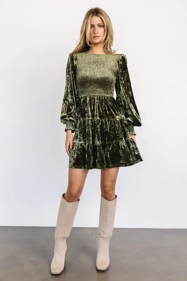 Women's Long sleeved Ruffled Round Neck Skirt Army Green - Shop at LoveMi