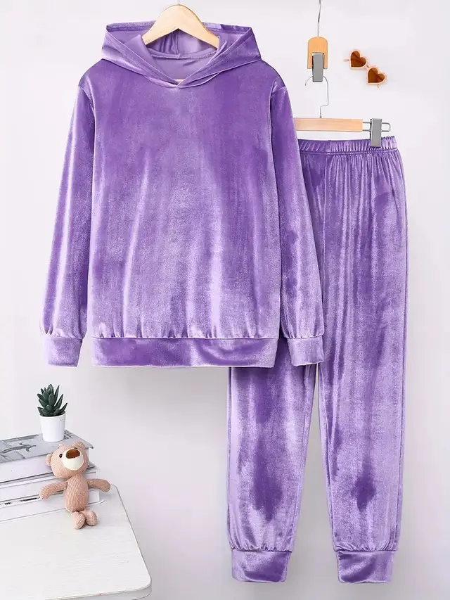 Plush Pajamas Hooded Sweater Trousers Two piece Suit Purple - Shop at LoveMi