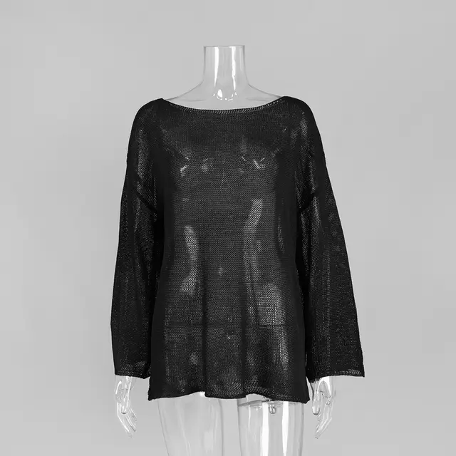 Women's Simple Solid Color Knitted Hollow out Long sleeved Sweater Black - Shop at LoveMi