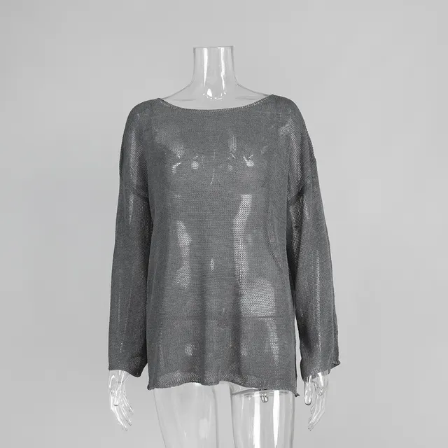 Women's Simple Solid Color Knitted Hollow out Long sleeved Sweater Dark Gray - Shop at LoveMi