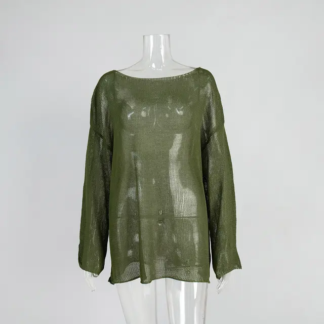Women's Simple Solid Color Knitted Hollow out Long sleeved Sweater Dark Green - Shop at LoveMi