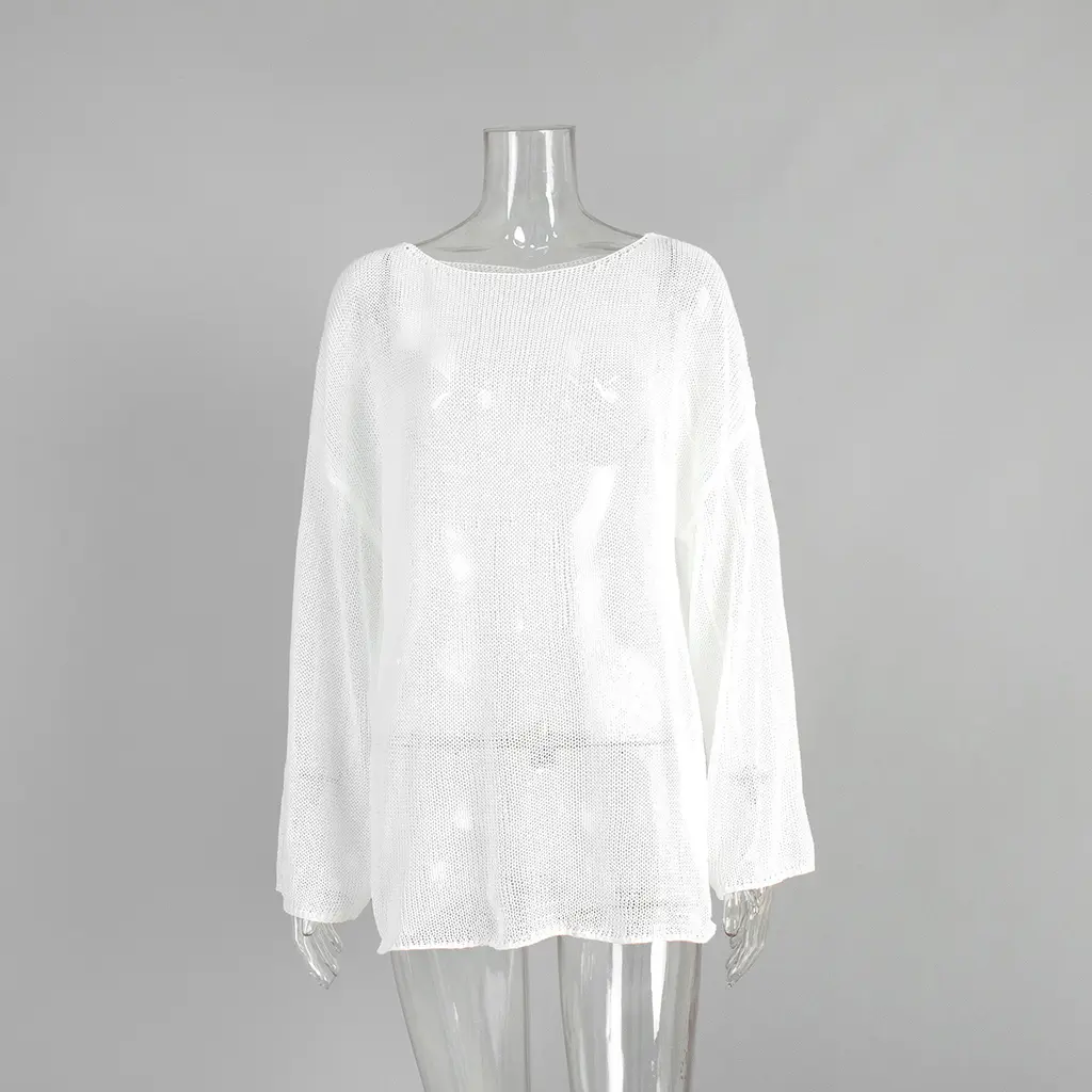 Women's Simple Solid Color Knitted Hollow-out Long-sleeved Sweater - White