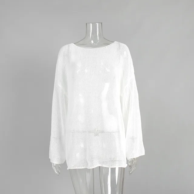 Women's Simple Solid Color Knitted Hollow out Long sleeved Sweater White - Shop at LoveMi