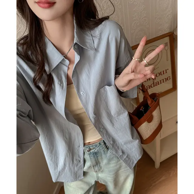 Korean Style Women's Loose Casual Plus Size Shirt Haze Blue - Shop at LoveMi