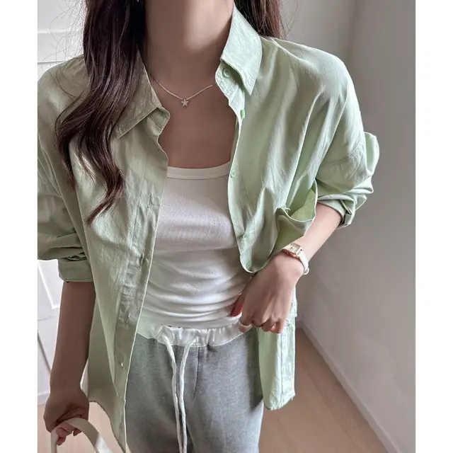 Korean Style Women's Loose Casual Plus Size Shirt Pea Green - Shop at LoveMi