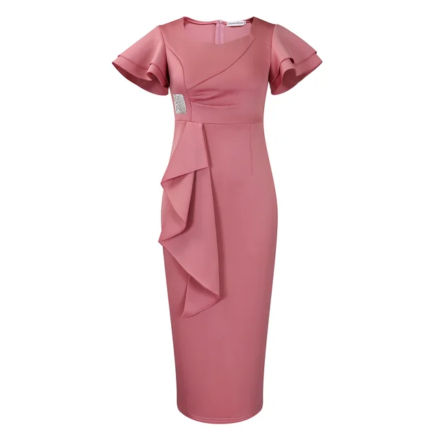 Fashionable Elegant Ruffled Solid Color Sheath Lotus Pink - Shop at LoveMi