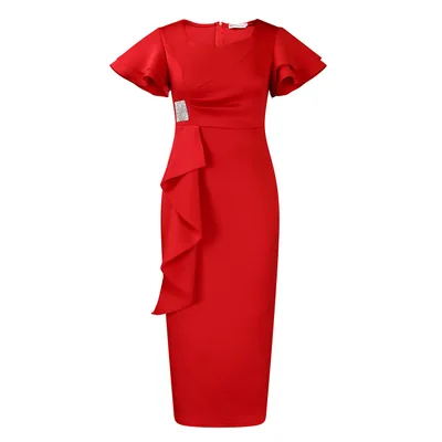Fashionable Elegant Ruffled Solid Color Sheath Red - Shop at LoveMi