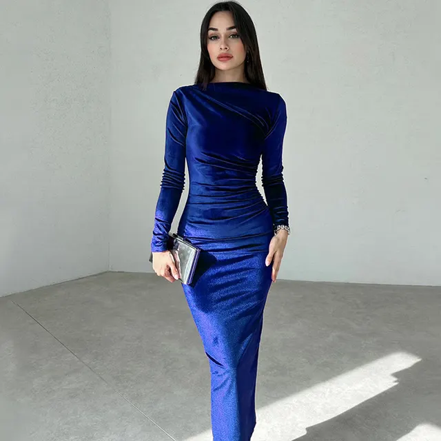 Women's Fashion Personality Solid Color Slim Fit Dress Blue - Shop at LoveMi