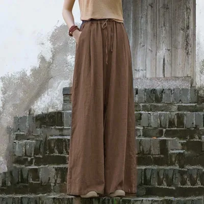 Women's Solid Color Casual Loose Cotton And Linen Wide leg Trousers Khaki Brown - Shop at LoveMi