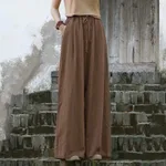 Women's Solid Color Casual Loose Cotton And Linen Wide-leg Trousers - Khaki Brown