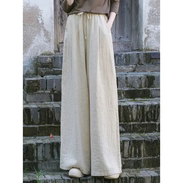 Women's Solid Color Casual Loose Cotton And Linen Wide leg Trousers Raw Jute Color - Shop at LoveMi