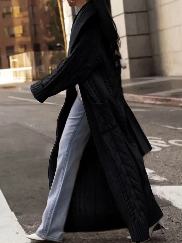Women's Solid Color Thick Hemp Flowers Large Lapel Long Cardigan Sweater Coat Black - Shop at LoveMi