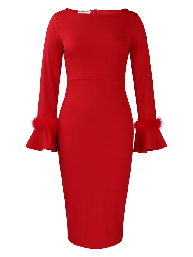 Fashion Solid Color Sheath Bell Sleeve OL African Dress Red - Shop at LoveMi