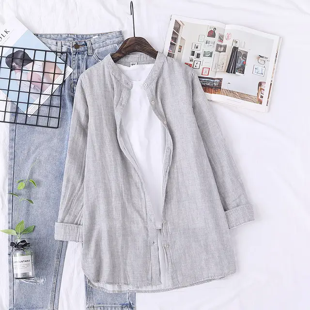 Stand Collar Double layer Yarn Long Sleeve Blouse Loose Gray - Shop at LoveMi