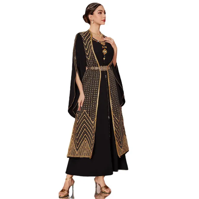 Arabic Vintage Gold Embroidered Black Fake Two Pieces Robe Black - Shop at LoveMi