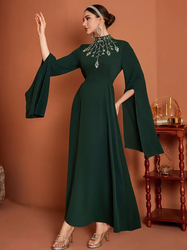 Long Sleeve Seam Diamond Fashion Socialite Maxi Elegant Evening Dress Dark Green - Shop at LoveMi